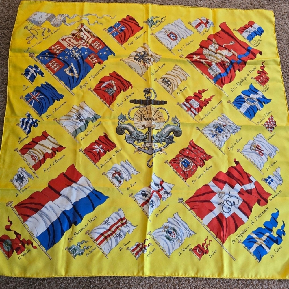 Hermes Yellow Silk Scarf with Flag Motifs